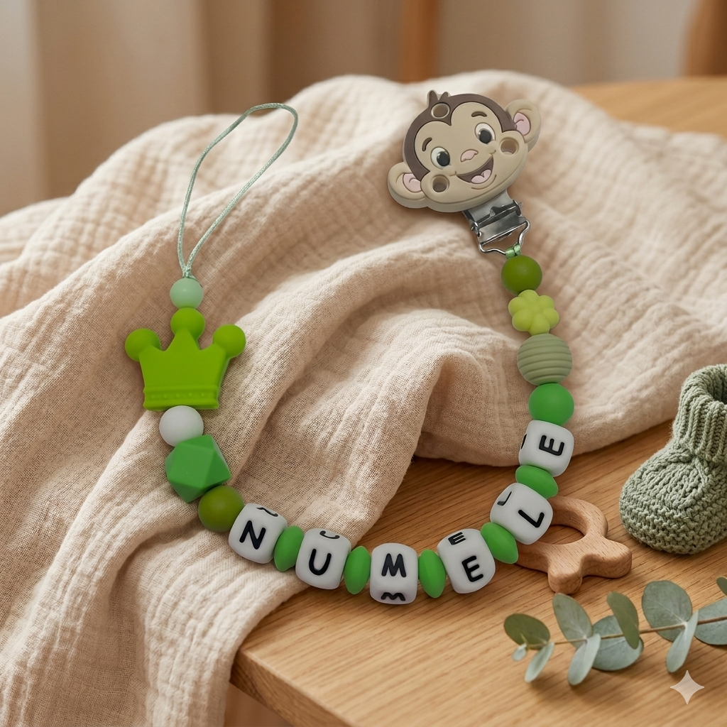 Lănțișor pentru suzetă, personalizat cu numele bebelusului, Clips Maimuta/verde, cod 20250010 - Lănțisoare suzetă