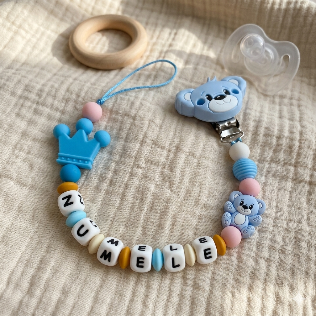 Lănțișor pentru suzetă, personalizat cu numele bebelusului,Ursulet Bleu, cod 20250011 - Lănțisoare suzetă