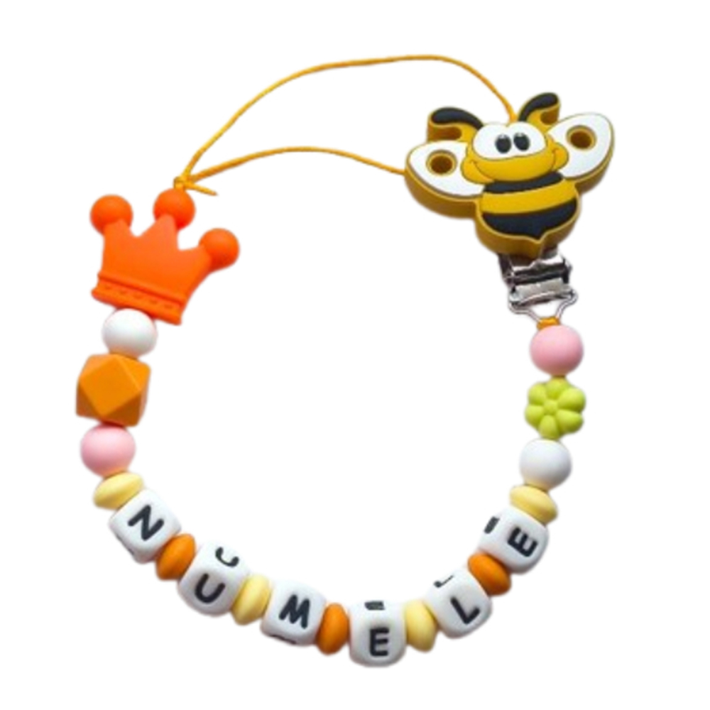 Lănțișor pentru suzetă, personalizat cu numele bebelusului, Clips Albina/galbena, cod 20250009 - Lănțisoare suzetă