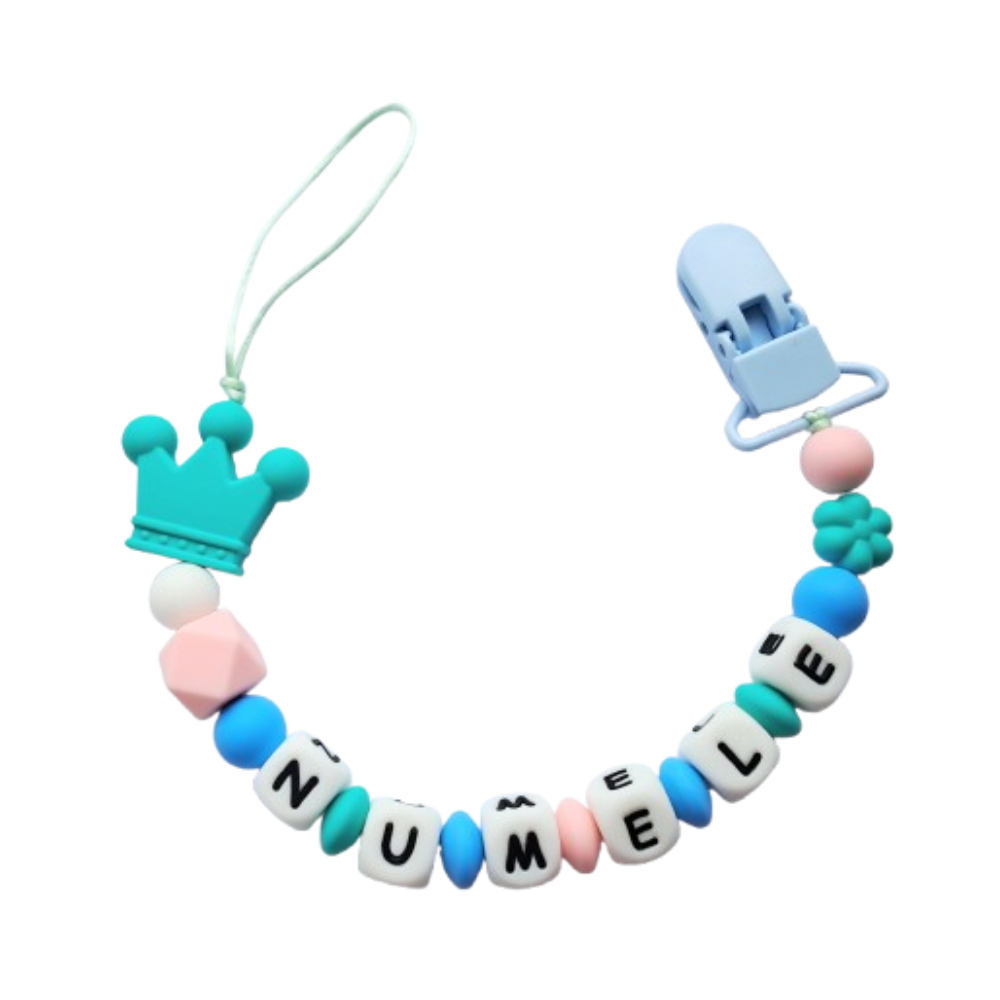 Lănțișor pentru suzetă, personalizat cu numele bebelusului, Coroana Turcoaz, cod 20250070 - Lănțisoare suzetă