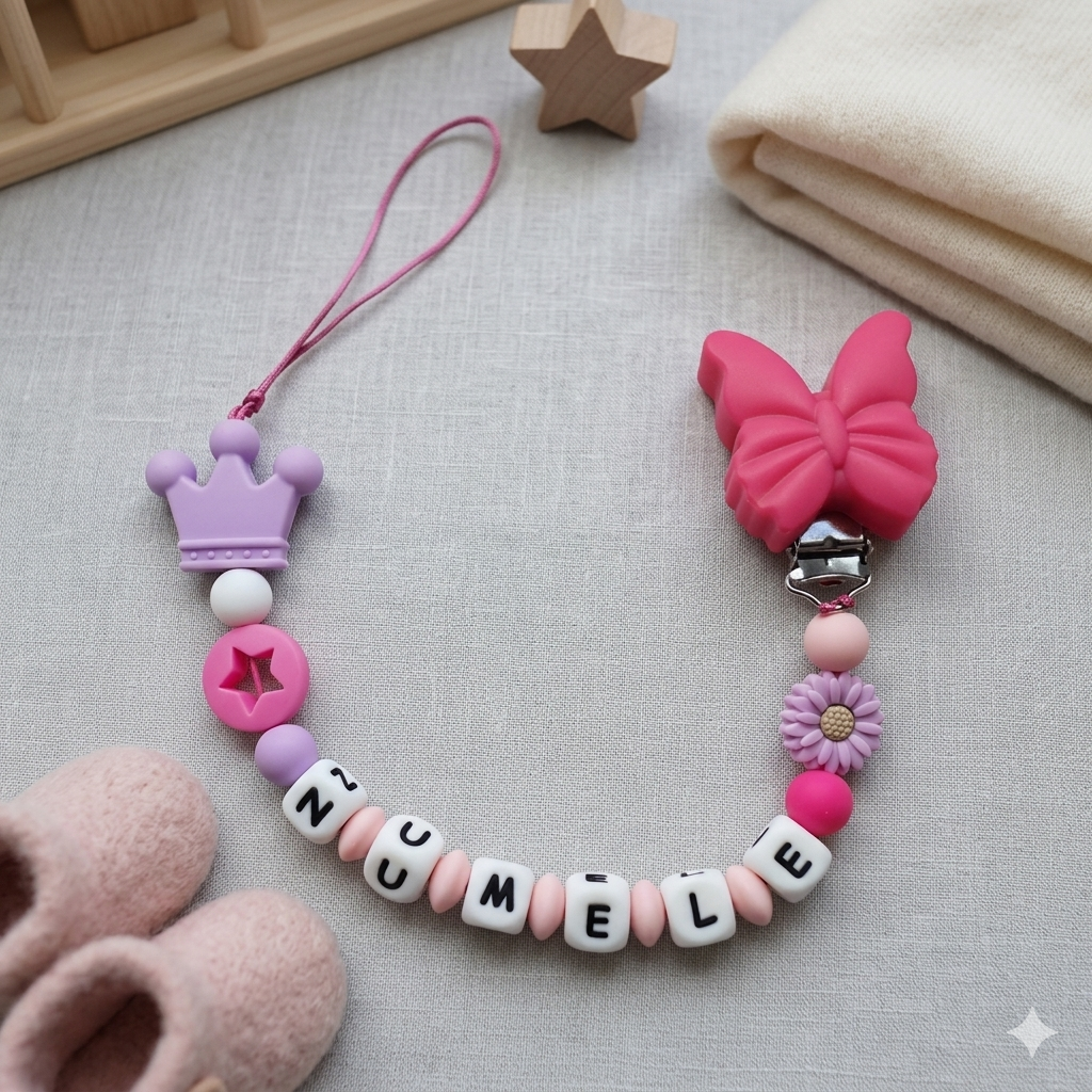 Lănțișor pentru suzetă, personalizat cu numele bebelusului, Clips Fluture/roz, cod 20250069 - Lănțisoare suzetă