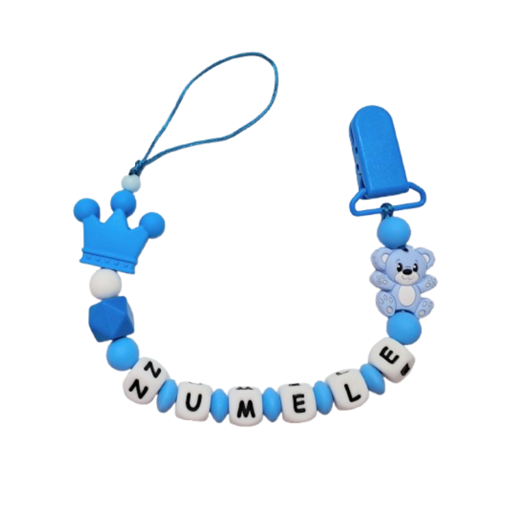 Lănțișor pentru suzetă, personalizat cu numele bebelusului, Urs Albastru, cod 20250182 - Lănțisoare suzetă
