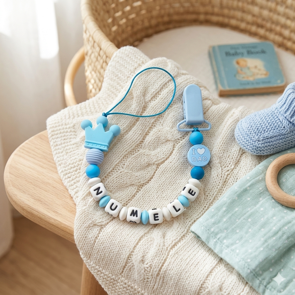 Lănțișor pentru suzetă, personalizat cu numele bebelusului, Bleu, cod 20250021 - Lănțisoare suzetă