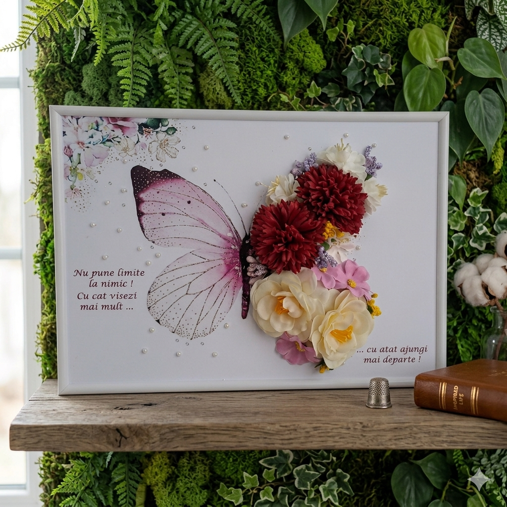Tablou Decorativ Handmade cu Flori de Săpun și Flori Artificiale, A4, Fluture - Tabloruri cu flori