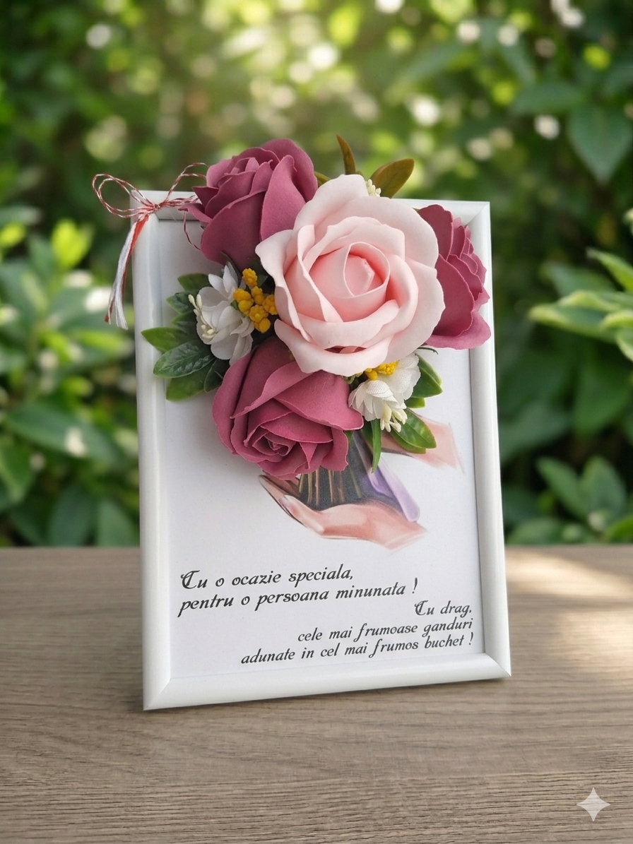 Tablou Decorativ Handmade cu Trandafiri de Săpun și Flori Artificiale, 13x18 cm, Burgund - Tabloruri cu flori