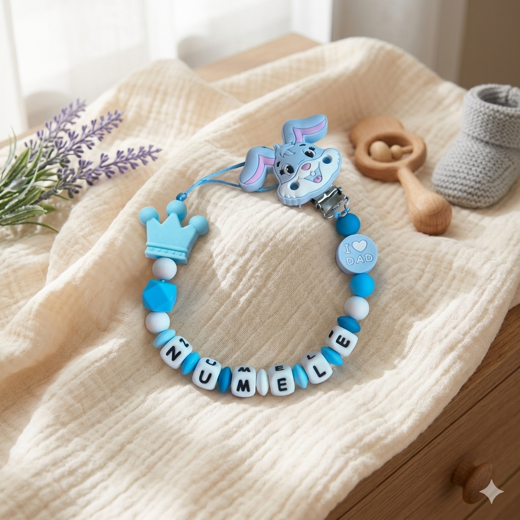 Lănțișor pentru suzetă, personalizat cu numele bebelusului, I LOVE DAD, cod 20250024 - Lănțisoare suzetă