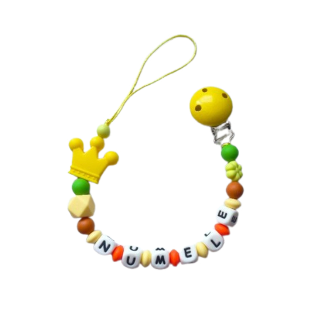 Lănțișor pentru suzetă, personalizat cu numele bebelusului, Coroana galbena, cod 20250012 - Lănțisoare suzetă