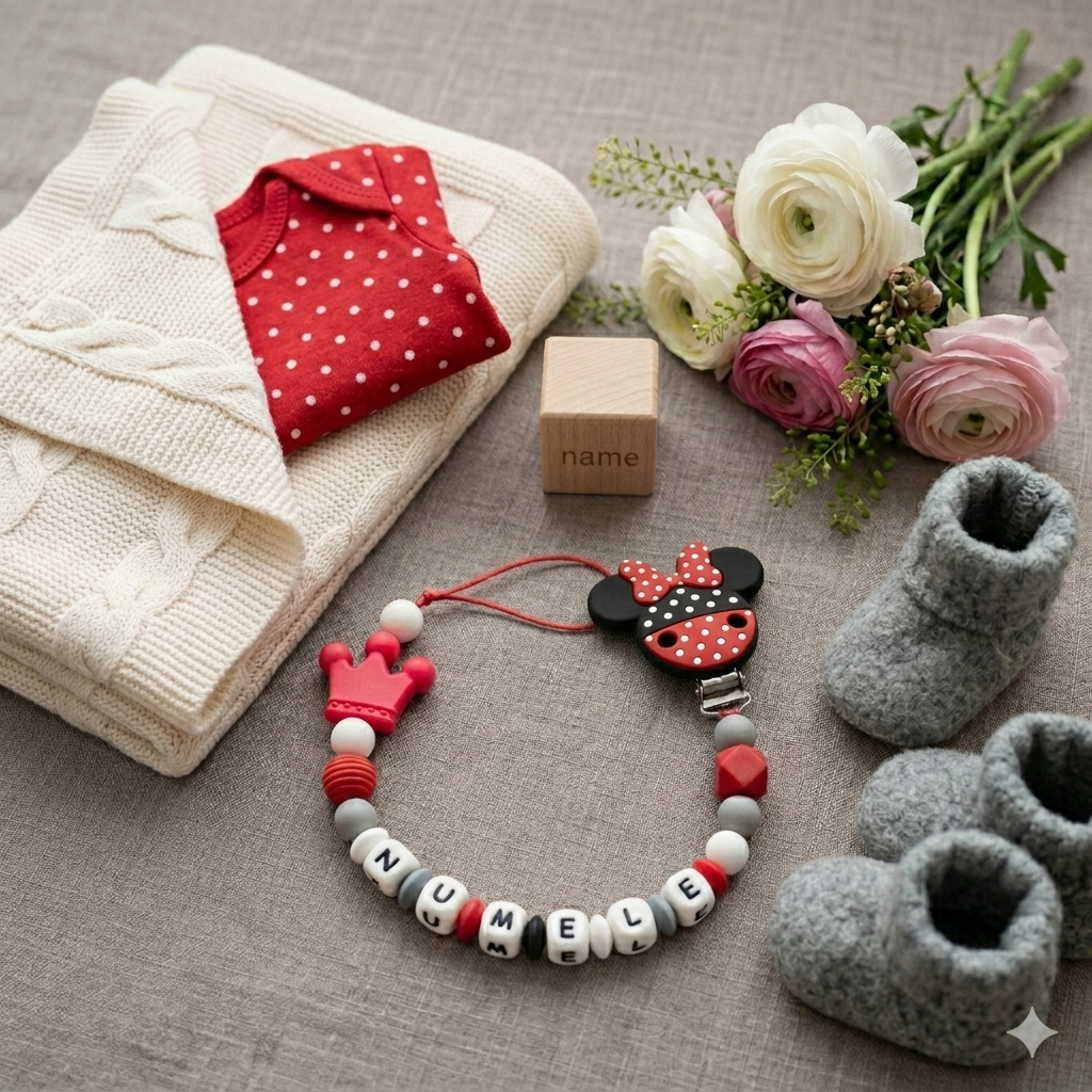 Lănțișor pentru suzetă, personalizat cu numele bebelusului, Minnie Mouse, cod 20250027 - Lănțisoare suzetă