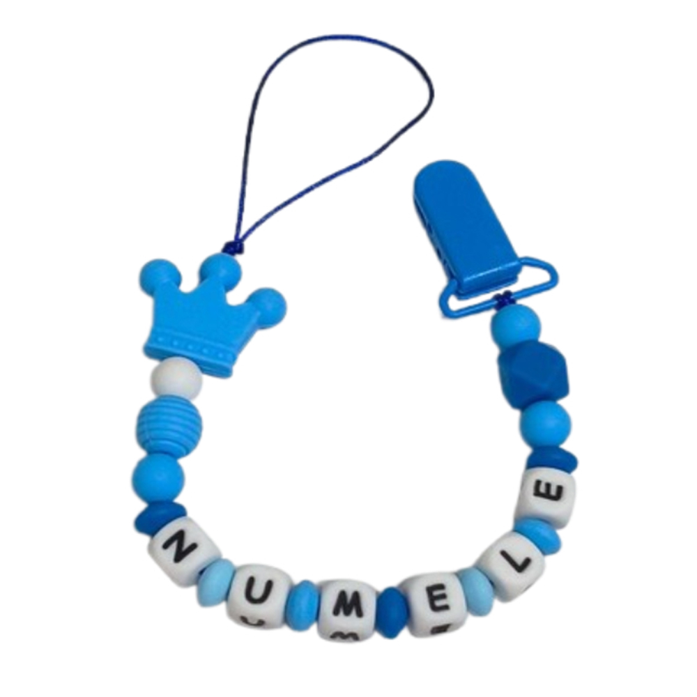 Lănțișor pentru suzetă, personalizat cu numele bebelusului, Clips albastru, cod 20250023 - Lănțisoare suzetă