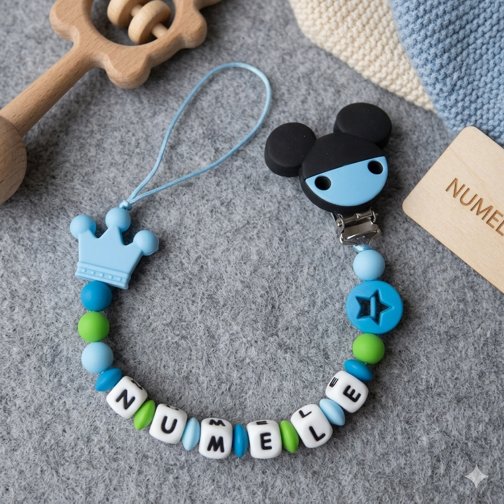 Lănțișor pentru suzetă, personalizat cu numele bebelusului, Mickey albastru, cod 20250016 - Lănțisoare suzetă