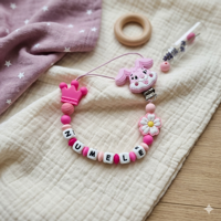 Lănțișor pentru suzetă, personalizat cu numele bebelusului, Coroana roz, cod 20250003 - Lănțisoare suzetă