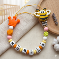 Lănțișor pentru suzetă, personalizat cu numele bebelusului, Clips Albina/galbena, cod 20250009 - Lănțisoare suzetă