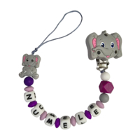 Lănțișor pentru suzetă, personalizat cu numele bebelusului, Clips Elefant/gri, cod 20250015 - DLM-20250015